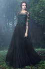 Black Formal Gowns with Green Lace Appliques