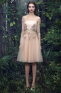Champagne Half Sleeves Cocktail Dress with Lace Appliques
