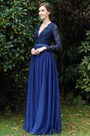 Long Sleeves Blue Plunging V Neck Lace Dress