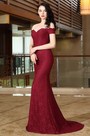 Schulterfrei Lang Sexy Burgundrot Spitze Kleid Ballkleid
