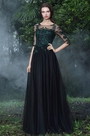 Black Formal Gowns with Green Lace Appliques