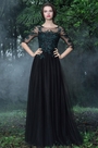 Black Formal Gowns with Green Lace Appliques