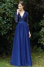 Long Sleeves Blue Plunging V Neck Lace Dress