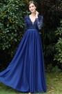 Long Sleeves Blue Plunging V Neck Lace Dress