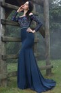 Long Sleeves Overlace Blue Prom Dress