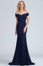 Robe de Soirée Hors Épaule Dentelle Bleu Marine