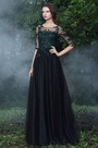 Black Formal Gowns with Green Lace Appliques
