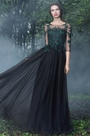Black Formal Gowns with Green Lace Appliques