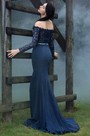 Long Sleeves Overlace Blue Prom Dress