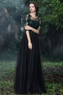 Black Formal Gowns with Green Lace Appliques