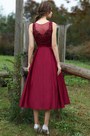 Ärmellos Burgundrot Stickerei Party Kleid