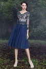 Blau V-Ausschnitt Spitze Cocktail Party Kleid