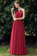 Burgundy Pleated Halter Formal Evening Dress