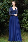 Long Sleeves Blue Plunging V Neck Lace Dress