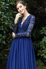 Long Sleeves Blue Plunging V Neck Lace Dress