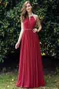 Burgundy Pleated Halter Formal Evening Dress