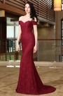Schulterfrei Lang Sexy Burgundrot Spitze Kleid Ballkleid