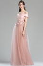 Robe de Soirée Hors Epaule Dentelle Florale Rose