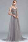 Grey Beaded Lace Long Formal Occasion Dress