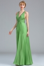 Green Plunging Beaded V Neck Evening Dress