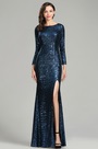 Blau Langärmelig Bodenlang Pailletten Abendkleid