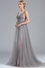 Grey Beaded Lace Long Formal Occasion Dress