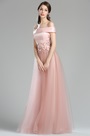 Robe de Soirée Hors Epaule Dentelle Florale Rose
