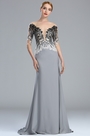 Grey Embroidey Beaded Mermaid Formal Dress with Sleeves