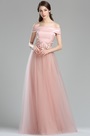 Robe de Soirée Hors Epaule Dentelle Florale Rose