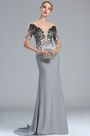 Grey Embroidey Beaded Mermaid Formal Dress with Sleeves