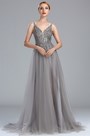 Grey Beaded Lace Long Formal Occasion Dress