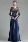 A Linie Lang Ärmel Marineblau Spitze Chiffon Abendkleid
