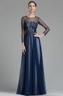 A Linie Lang Ärmel Marineblau Spitze Chiffon Abendkleid