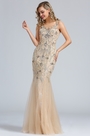 Sleeveless Beige Beaded Mermaid Prom Dress