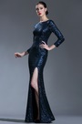 Blau Langärmelig Bodenlang Pailletten Abendkleid