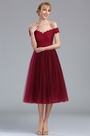 Schulterfrei Burgundrot Tüll Spitze Abendkleid
