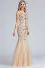 Sleeveless Beige Beaded Mermaid Prom Dress