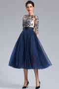Blau Tüll Stickerei Perlen Cocktail Abendkleid