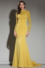 Long Sleeves Yellow Lace Dress Evening Gown