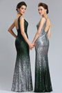 Elegant Deep V-Cut Green-silver Sequins Party Dress