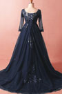 Navy Blue Sleeves Long Prom Dress Plus Size Dress