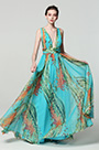 Green V-Cut Strap Print Floral Prom PartyDress