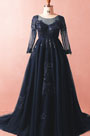 Navy Blue Sleeves Long Prom Dress Plus Size Dress