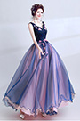 Blue Sexy V-Cut Flower Elegant Party Ball Dress