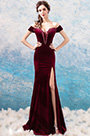 Robe de Soirée Bordeaux à Épaules dénudées V Col