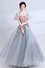 Grey Floral Sleeves Pary Prom Evening Ball Dress