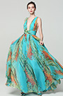 Green V-Cut Strap Print Floral Prom PartyDress