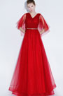 Sexy Red V-Cut Sequins Tulle Party Prom Gown