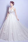 White V-Cut Floral Long Train Wedding Dress