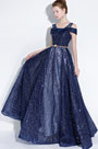 Blue Off Shoulder V- Cut Sparkle Sequins Evening